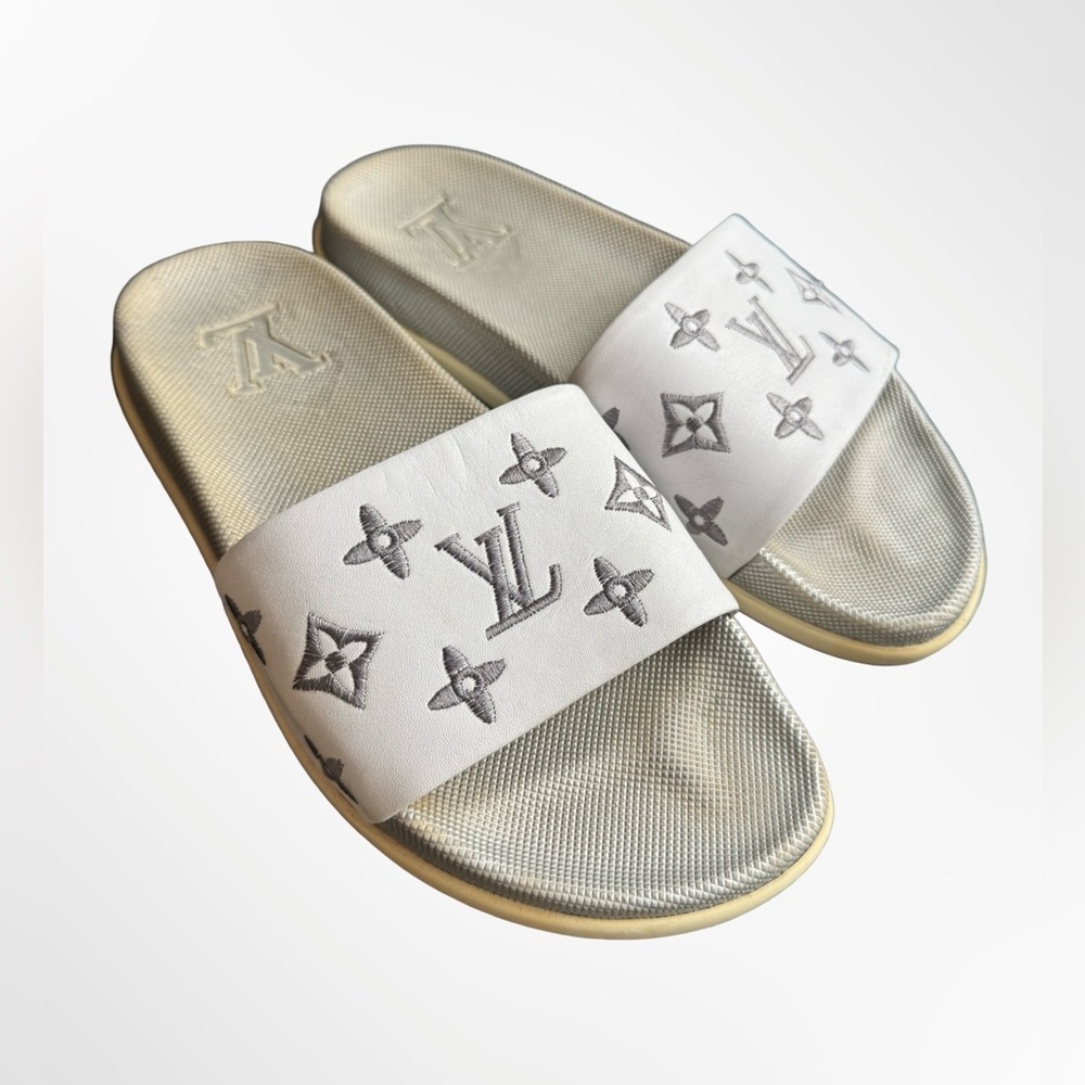 Louis Vuitton Embroidered Monogram White Silver and Gray Slides - Unisex